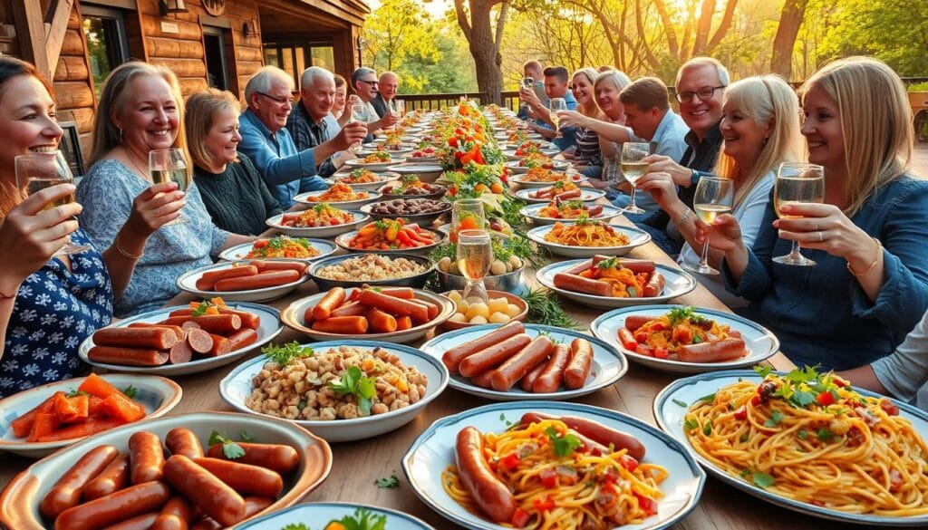 Large gathering with kielbasa and pasta dishes