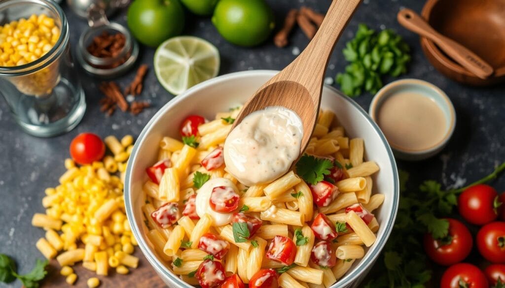 assembling pasta salad