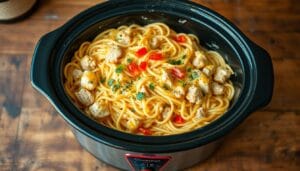 cheesy chicken spaghetti in crockpot