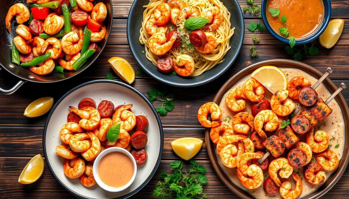 dishes with shrimp and sausage